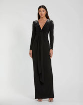 Black Jersey V Neck Faux Knot Gown With Beaded Shoulders